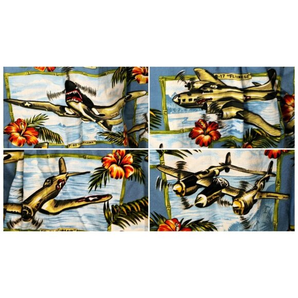 Kalaheo Blue Hawaiian Shirt Planes Bomber Jets Flowers Men's 2XL WW2 WWII - Picture 7 of 11